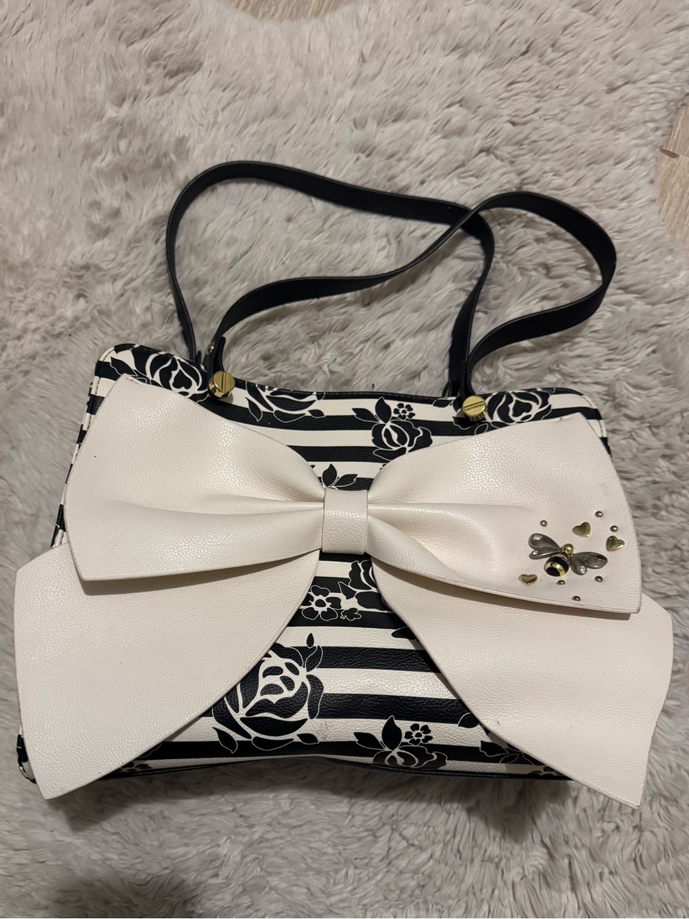 Betsey Johnson White Bow Accent Floral Stripe Purse